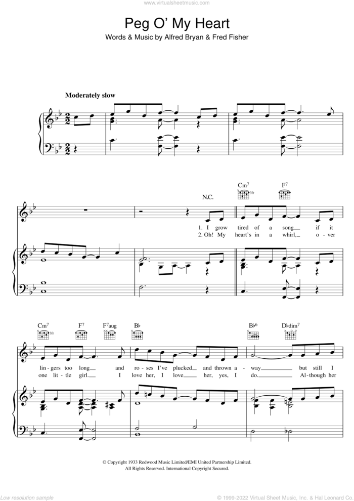 Peg O' My Heart sheet music for voice, piano or guitar by Max Harris, Alfred Bryan and Fred Fisher, intermediate skill level