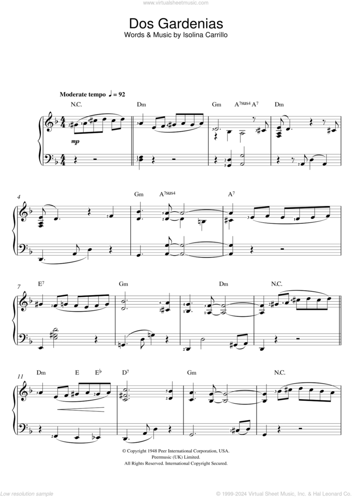 Dos Gardenias sheet music for piano solo by Buena Vista Social Club and Isolina Carrillo, easy skill level