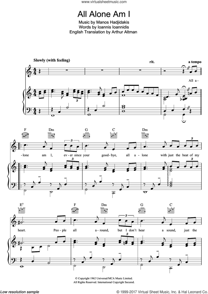 All Alone Am I sheet music for voice, piano or guitar by Brenda Lee, Manos Hadjidakis, Arthur Altman and Ioannis Ioannidis, intermediate skill level