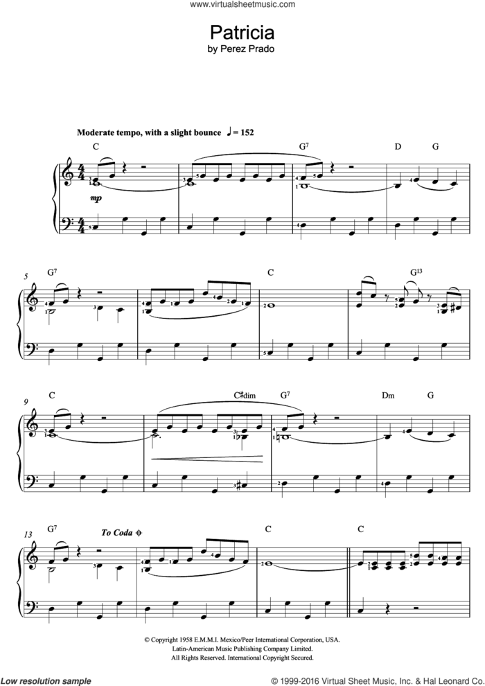 Patricia sheet music for voice, piano or guitar by Perez Prado, intermediate skill level