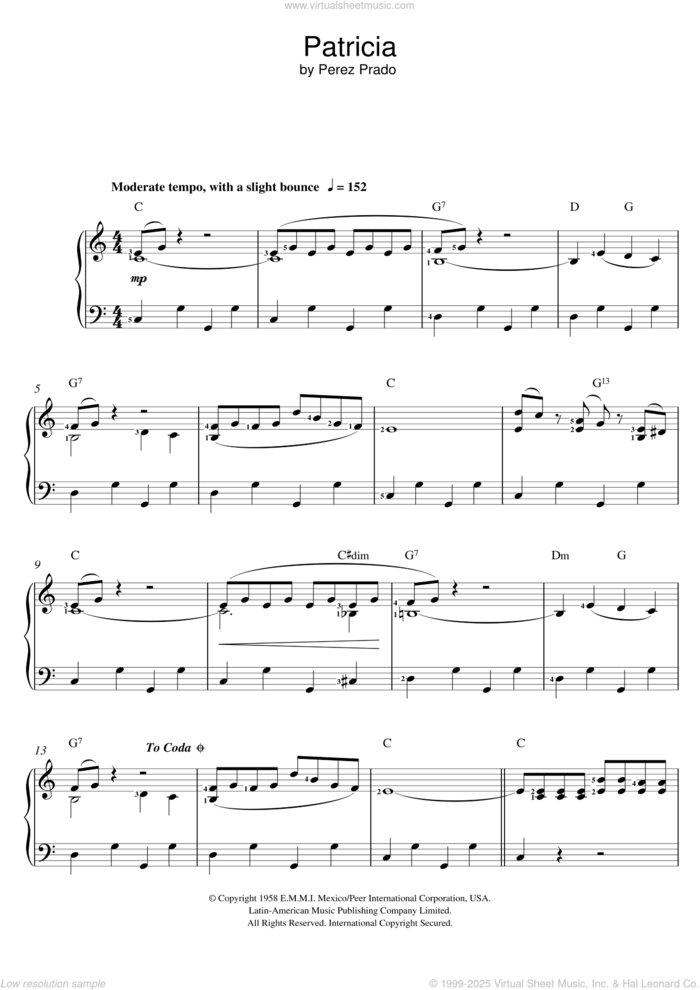 Patricia sheet music for voice, piano or guitar by Perez Prado, intermediate skill level