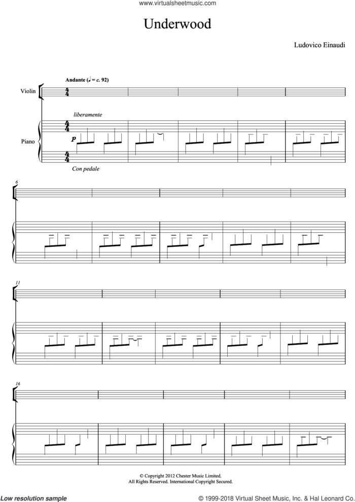 Underwood sheet music for violin and piano by Ludovico Einaudi, classical score, intermediate skill level