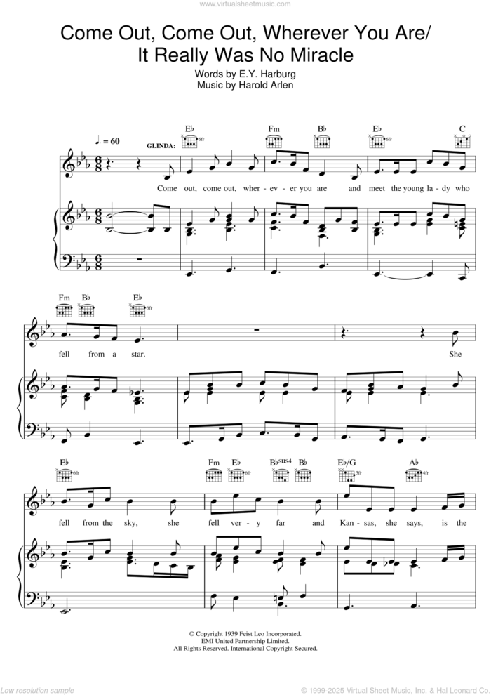 Come Out, Come Out, Wherever You Are / It Really Was No Miracle sheet music for voice, piano or guitar by Harold Arlen and E.Y. Harburg, intermediate skill level