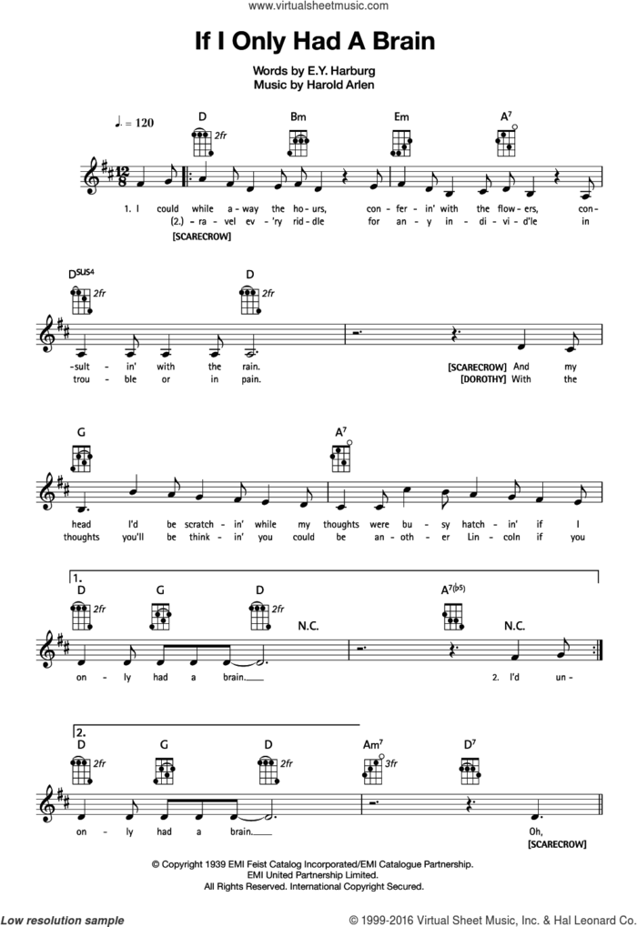 If I Only Had A Brain sheet music for ukulele by Harold Arlen and E.Y. Harburg, intermediate skill level