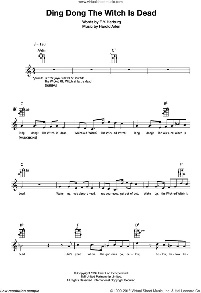 Ding-Dong! The Witch Is Dead sheet music for ukulele by Harold Arlen and E.Y. Harburg, intermediate skill level