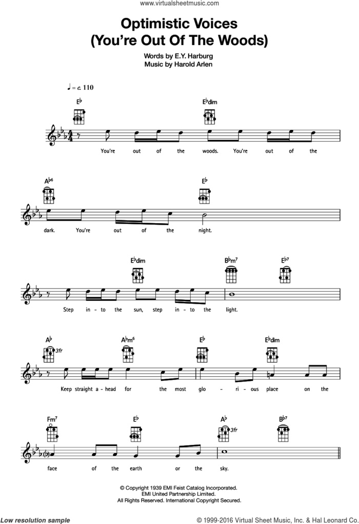 Optimistic Voices sheet music for ukulele by Harold Arlen and E.Y. Harburg, intermediate skill level