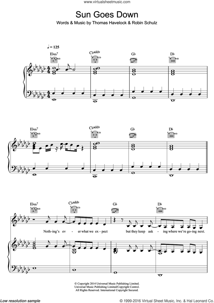 Sun Goes Down (feat. Jasmine Thompson) sheet music for voice, piano or guitar by Robin Schulz, Jasmine Thompson and Thomas Havelock, intermediate skill level