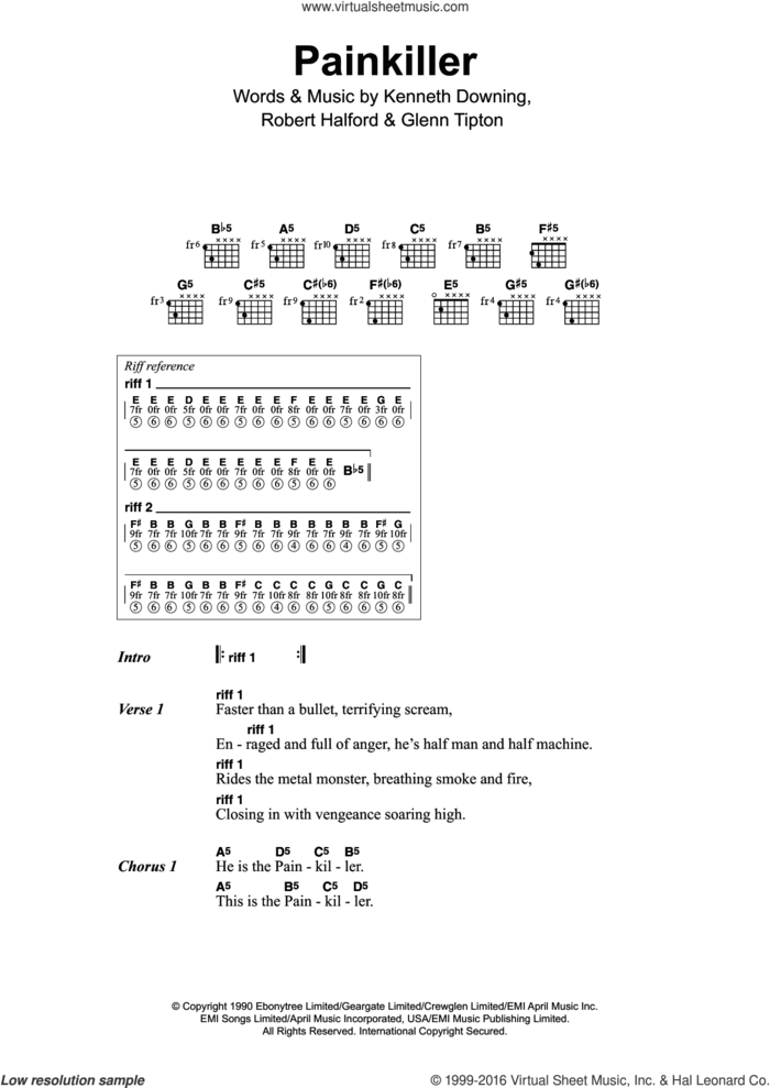 Painkiller sheet music for guitar (chords) by Judas Priest, Glenn Tipton, Kenneth Downing and Rob Halford, intermediate skill level