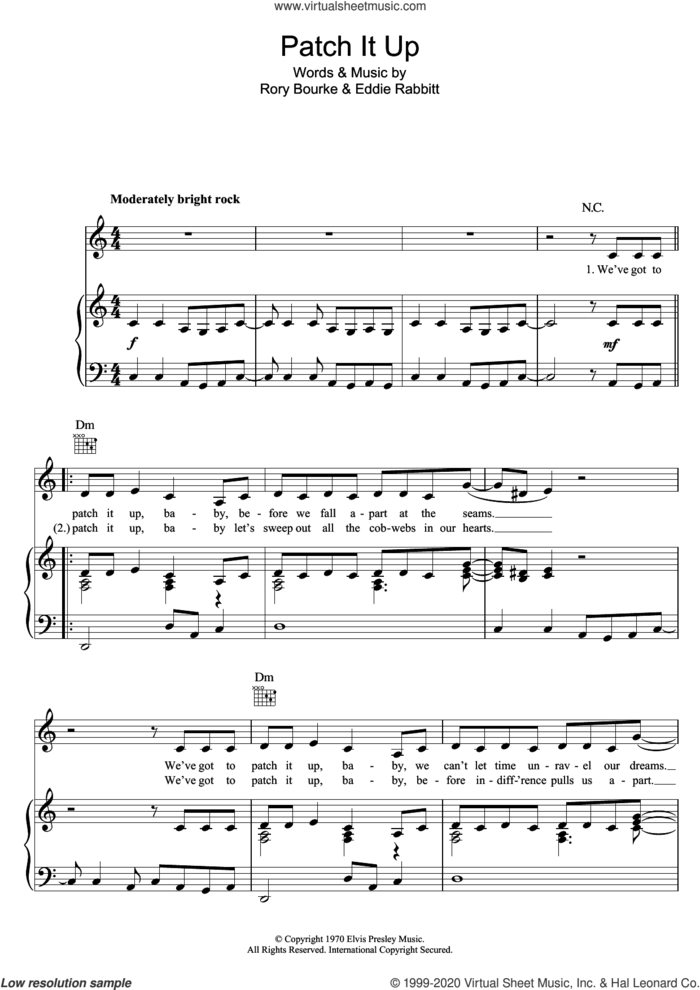 Patch It Up sheet music for voice, piano or guitar by Elvis Presley, Eddie Rabbitt and Rory Bourke, intermediate skill level