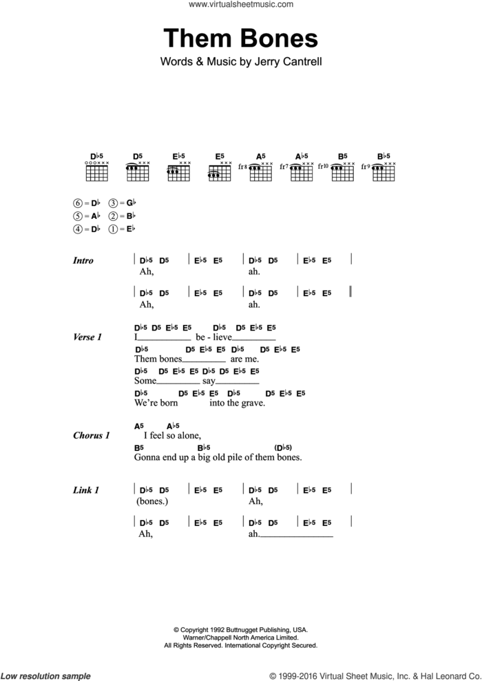 Them Bones sheet music for guitar (chords) by Alice In Chains and Jerry Cantrell, intermediate skill level