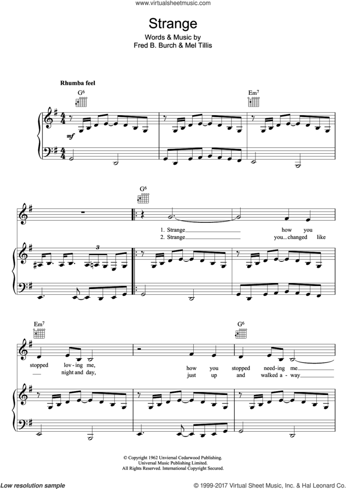 Strange sheet music for voice, piano or guitar by Patsy Cline, Fred B. Burch and Mel Tillis, intermediate skill level