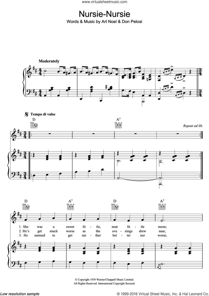 Nursie Nursie sheet music for voice, piano or guitar by Elsie Carlisle, Art Noel and Don Pelosi, intermediate skill level