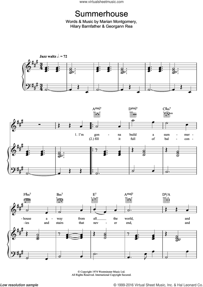 Summerhouse sheet music for voice, piano or guitar by Marian Montgomery, Georgann Rea and Hilary Barnfather, intermediate skill level