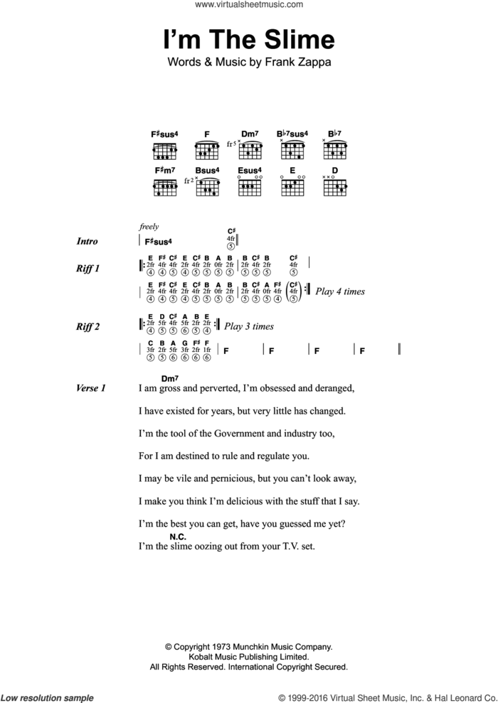 I'm The Slime sheet music for guitar (chords) by Frank Zappa, intermediate skill level