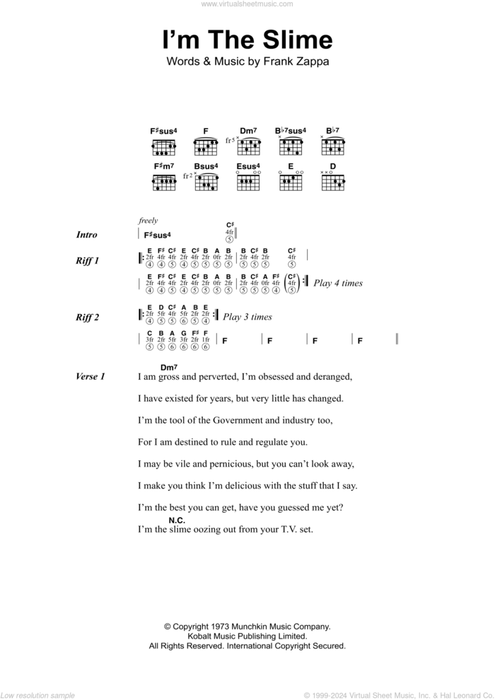 I'm The Slime sheet music for guitar (chords) by Frank Zappa, intermediate skill level