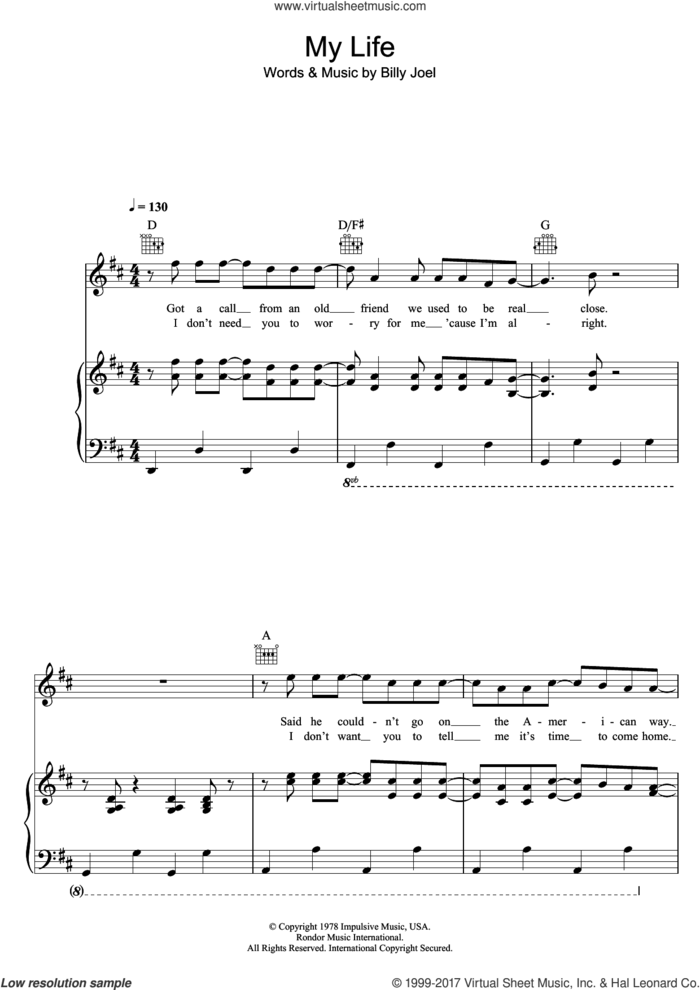 My Life sheet music for voice, piano or guitar by Billy Joel, intermediate skill level