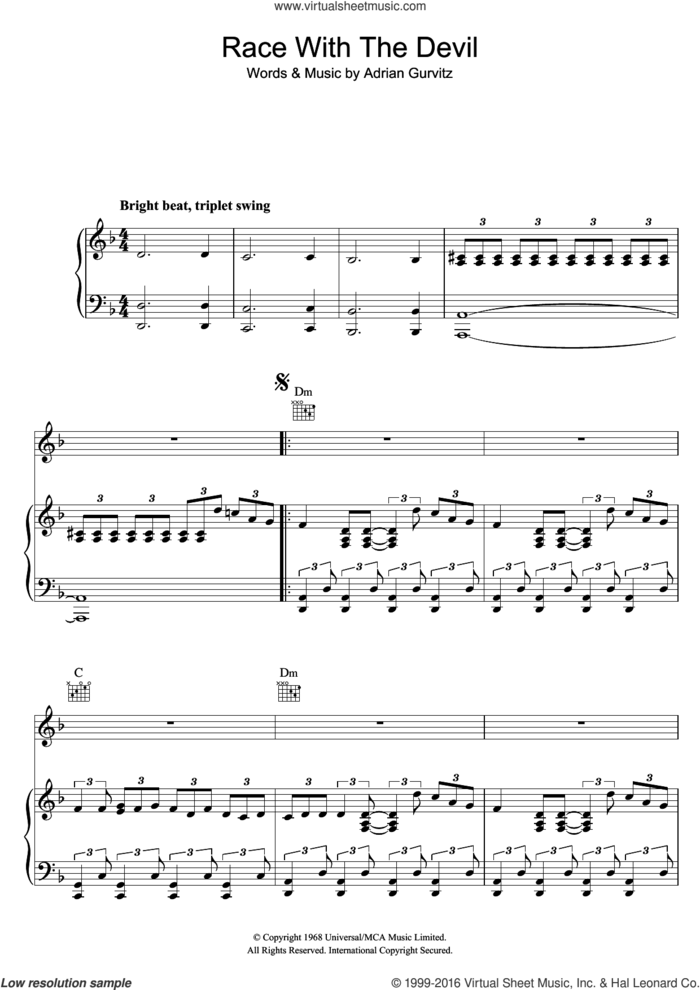 Race With The Devil sheet music for voice, piano or guitar by Girlschool and Adrian Gurvitz, intermediate skill level