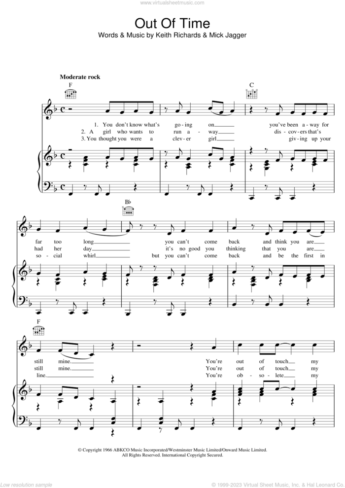 Out Of Time sheet music for voice, piano or guitar by The Rolling Stones, Chris Farlowe, Keith Richards and Mick Jagger, intermediate skill level