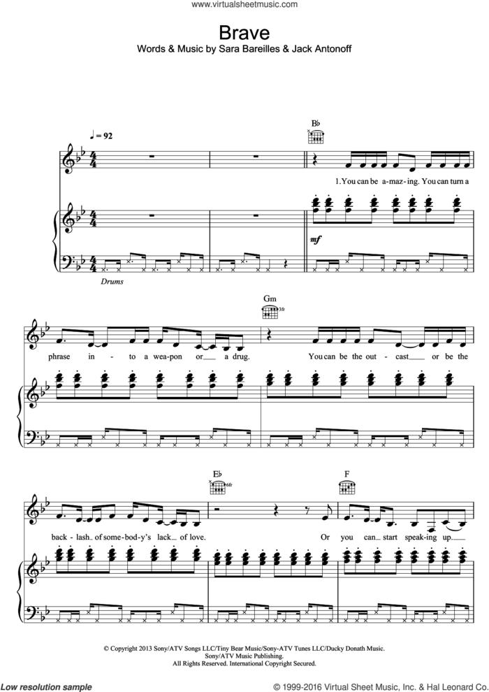 Brave sheet music for voice, piano or guitar by Sara Bareilles and Jack Antonoff, intermediate skill level