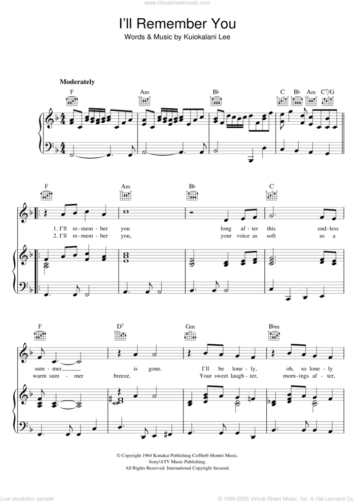 I'll Remember You sheet music for voice, piano or guitar by Elvis Presley and Kuiokalani Lee, intermediate skill level