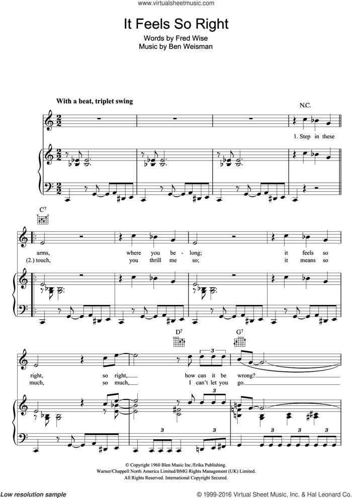 It Feels So Right sheet music for voice, piano or guitar by Elvis Presley, Ben Weisman and Fred Wise, intermediate skill level