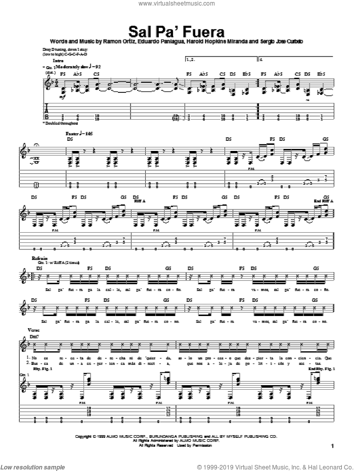 Sal Pa'Fuera sheet music for guitar (tablature) by Puya, Eduardo Paniagua, Harold Hopkins Miranda and Ramon Ortiz, intermediate skill level