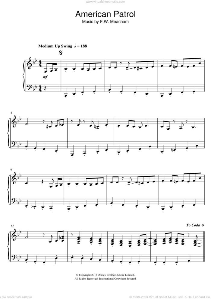 American Patrol sheet music for piano solo by Paul Englishby and F.W. Meacham, intermediate skill level