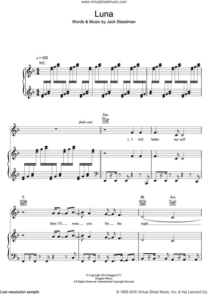 Luna sheet music for voice, piano or guitar by Bombay Bicycle Club and Jack Steadman, intermediate skill level