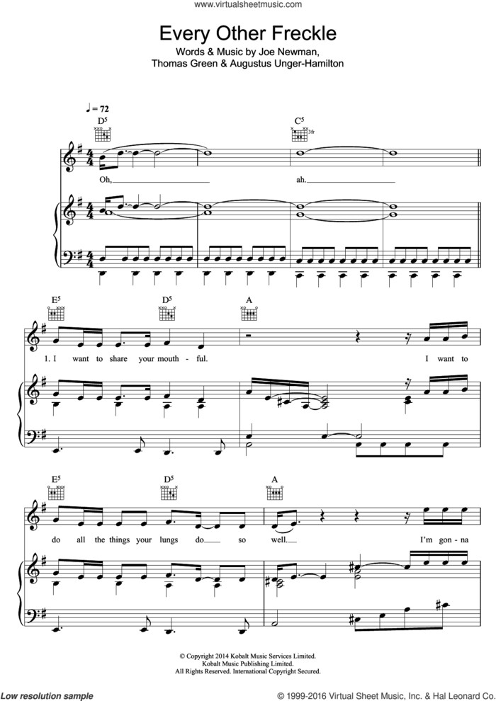 Every Other Freckle sheet music for voice, piano or guitar by Alt-J, Augustus Unger-Hamilton, Joe Newman and Thomas Green, intermediate skill level