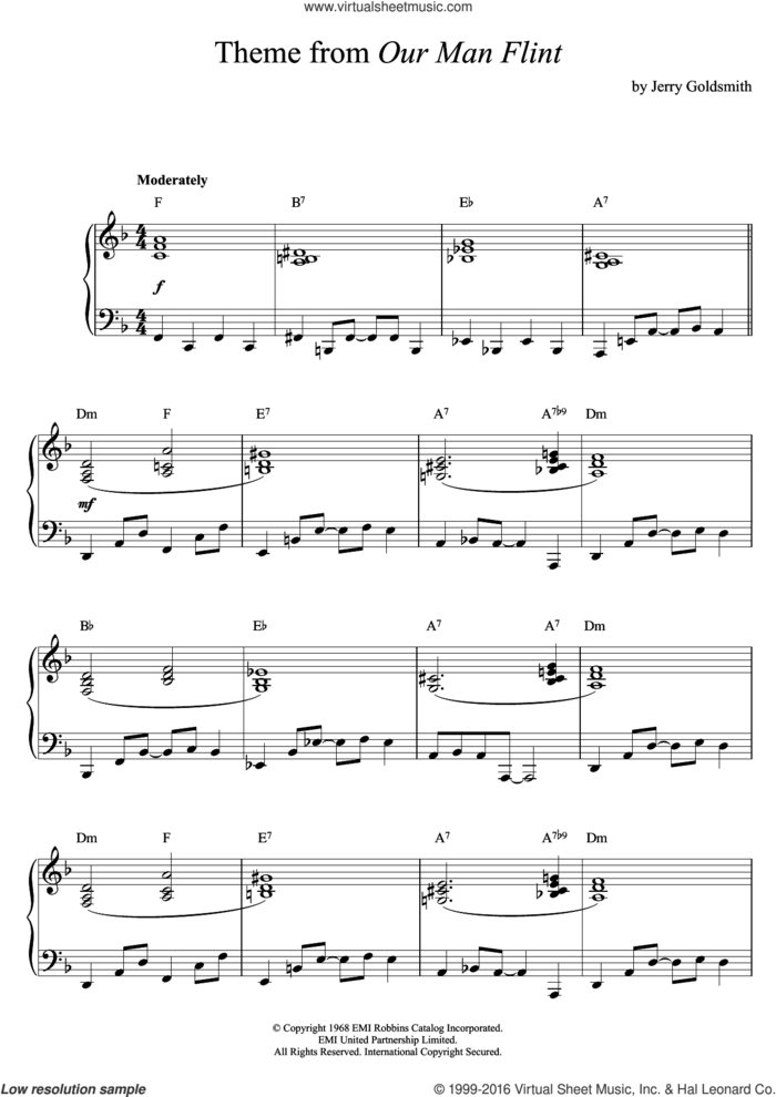 Our Man Flint sheet music for piano solo by Jerry Goldsmith, intermediate skill level