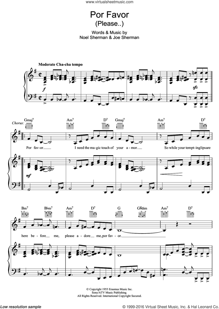 Por Favor sheet music for voice, piano or guitar by Doris Day, Joe Sherman and Noel Sherman, intermediate skill level