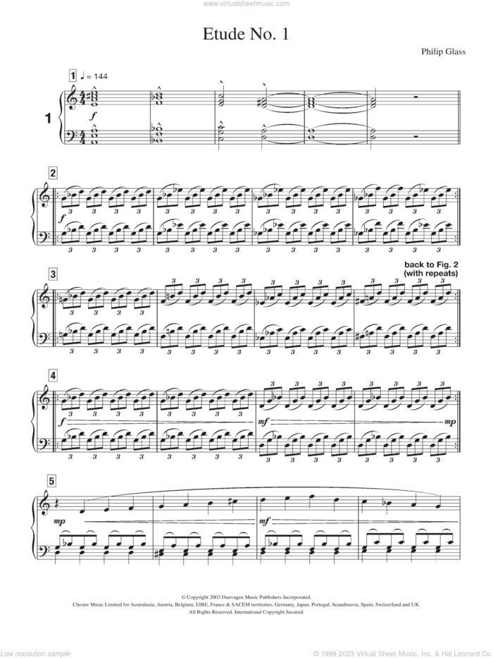 Etude No. 1 sheet music for piano solo by Philip Glass, classical score, intermediate skill level