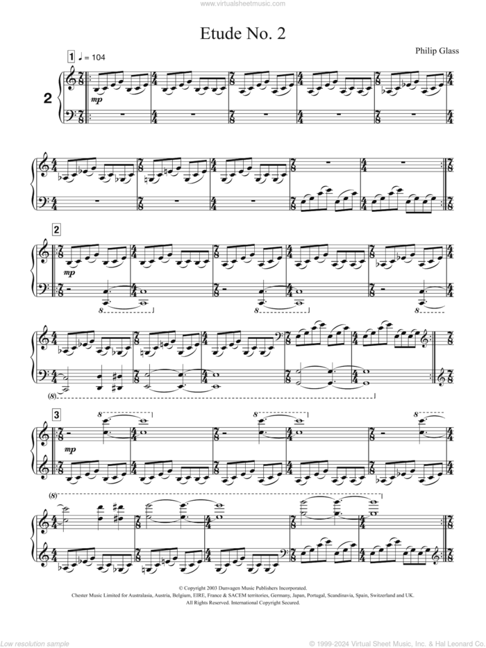 Etude No. 2 sheet music for piano solo by Philip Glass, classical score, intermediate skill level