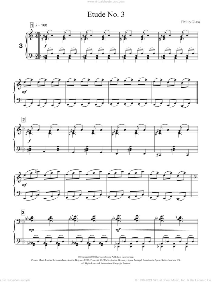 Etude No. 3 sheet music for piano solo by Philip Glass, classical score, intermediate skill level