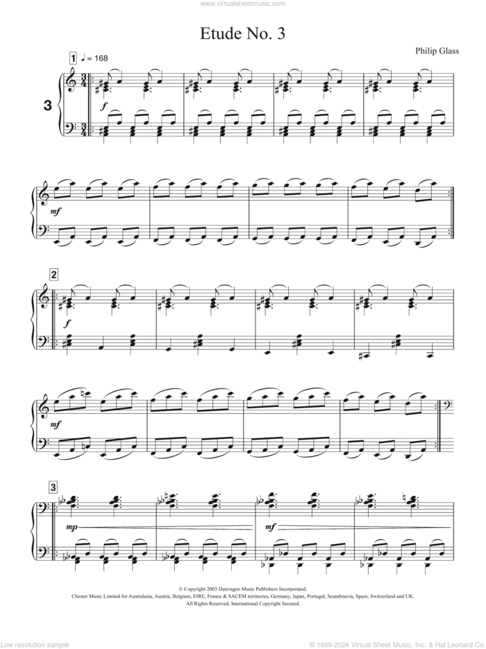 Etude No. 3 sheet music for piano solo by Philip Glass, classical score, intermediate skill level