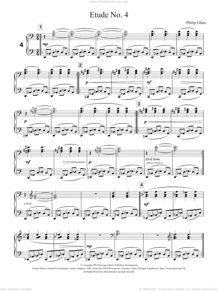 Etude No. 4 sheet music for piano solo by Philip Glass, classical score, intermediate skill level