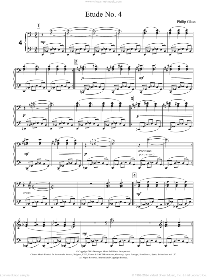 Etude No. 4 sheet music for piano solo by Philip Glass, classical score, intermediate skill level