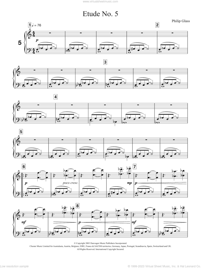 Etude No. 5 sheet music for piano solo by Philip Glass, classical score, intermediate skill level