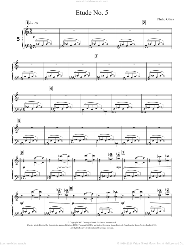 Etude No. 5 sheet music for piano solo by Philip Glass, classical score, intermediate skill level