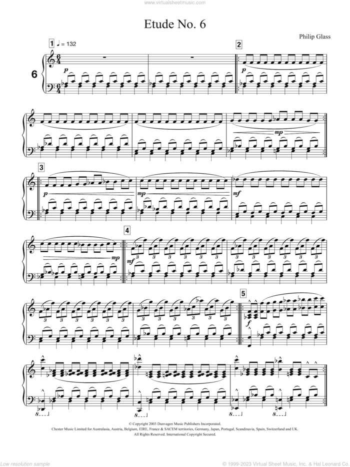 Etude No. 6 sheet music for piano solo by Philip Glass, classical score, intermediate skill level