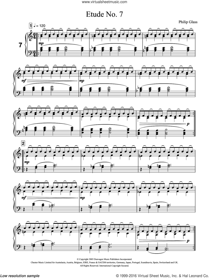 Etude No. 7 sheet music for piano solo by Philip Glass, classical score, intermediate skill level