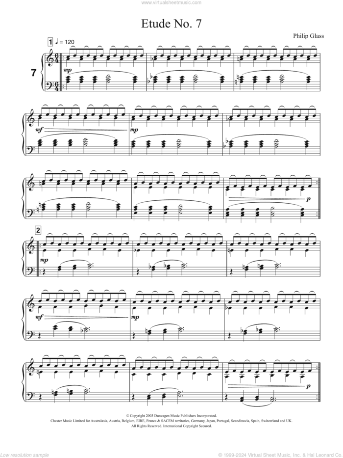 Etude No. 7 sheet music for piano solo by Philip Glass, classical score, intermediate skill level