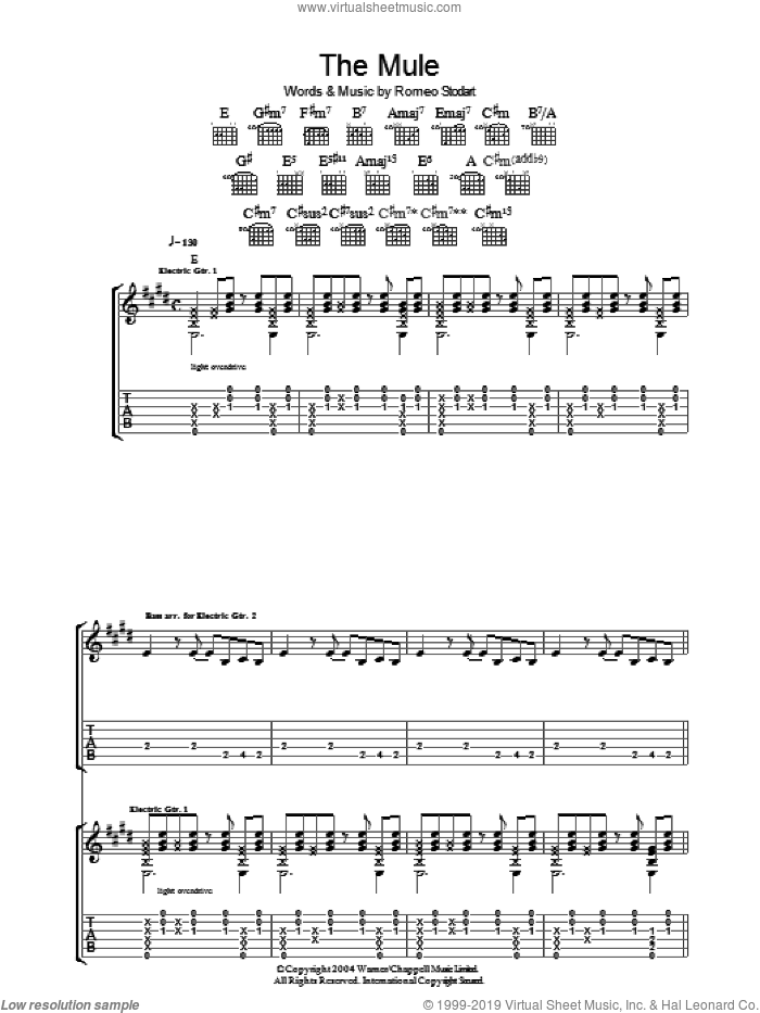 The Mule sheet music for guitar (tablature) by The Magic Numbers and Romeo Stodart, intermediate skill level