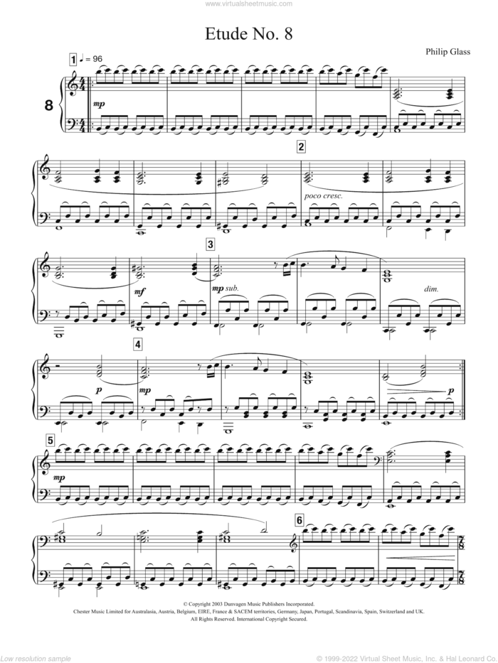 Etude No. 8 sheet music for piano solo by Philip Glass, classical score, intermediate skill level