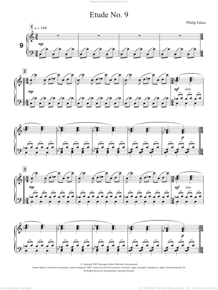 Etude No. 9 sheet music for piano solo by Philip Glass, classical score, intermediate skill level