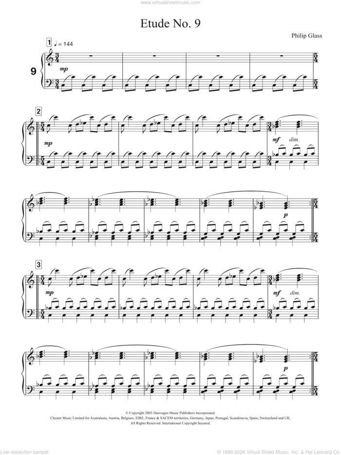 Etude No. 9 sheet music for piano solo by Philip Glass, classical score, intermediate skill level