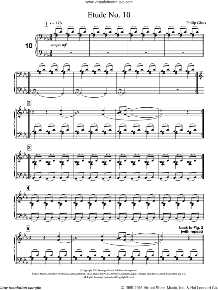 Etude No. 10 sheet music for piano solo by Philip Glass, classical score, intermediate skill level