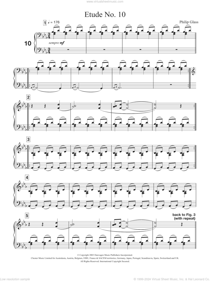 Etude No. 10 sheet music for piano solo by Philip Glass, classical score, intermediate skill level