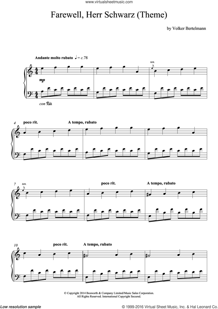 Farewell, Herr Schwarz (Theme) sheet music for piano solo by Hauschka and Volker Bertelmann, classical score, intermediate skill level
