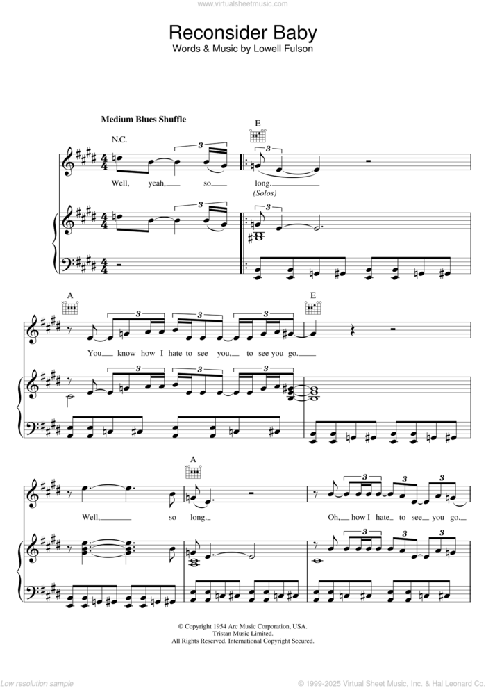 Reconsider Baby sheet music for voice, piano or guitar by Elvis Presley and Lowell Fulson, intermediate skill level